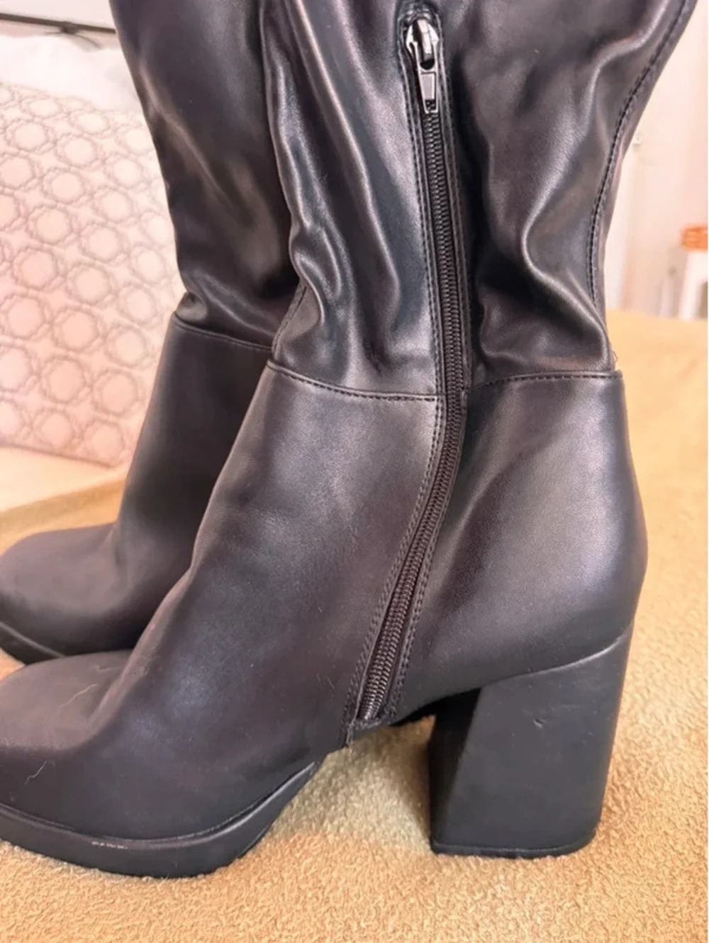Chic Black Faux Leather Knee-High Platform Block Heel Boots